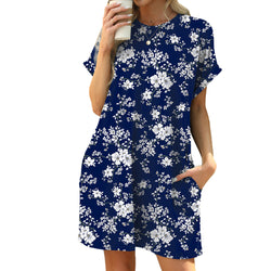 Spring and summer new loose round neck short-sleeved printed pocket dress in stock