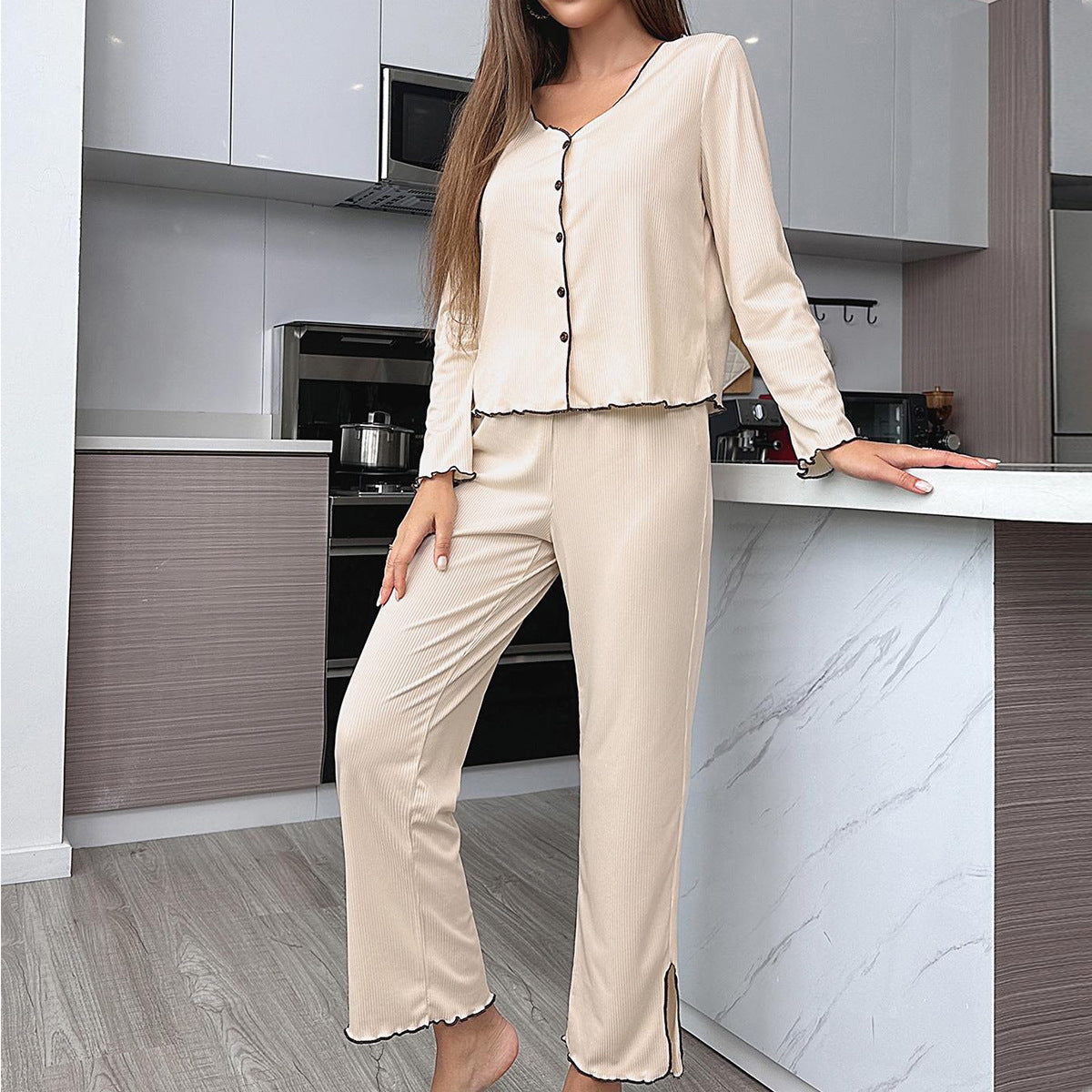 Pit strip cardigan long-sleeved trousers thickened loungewear set pajamas