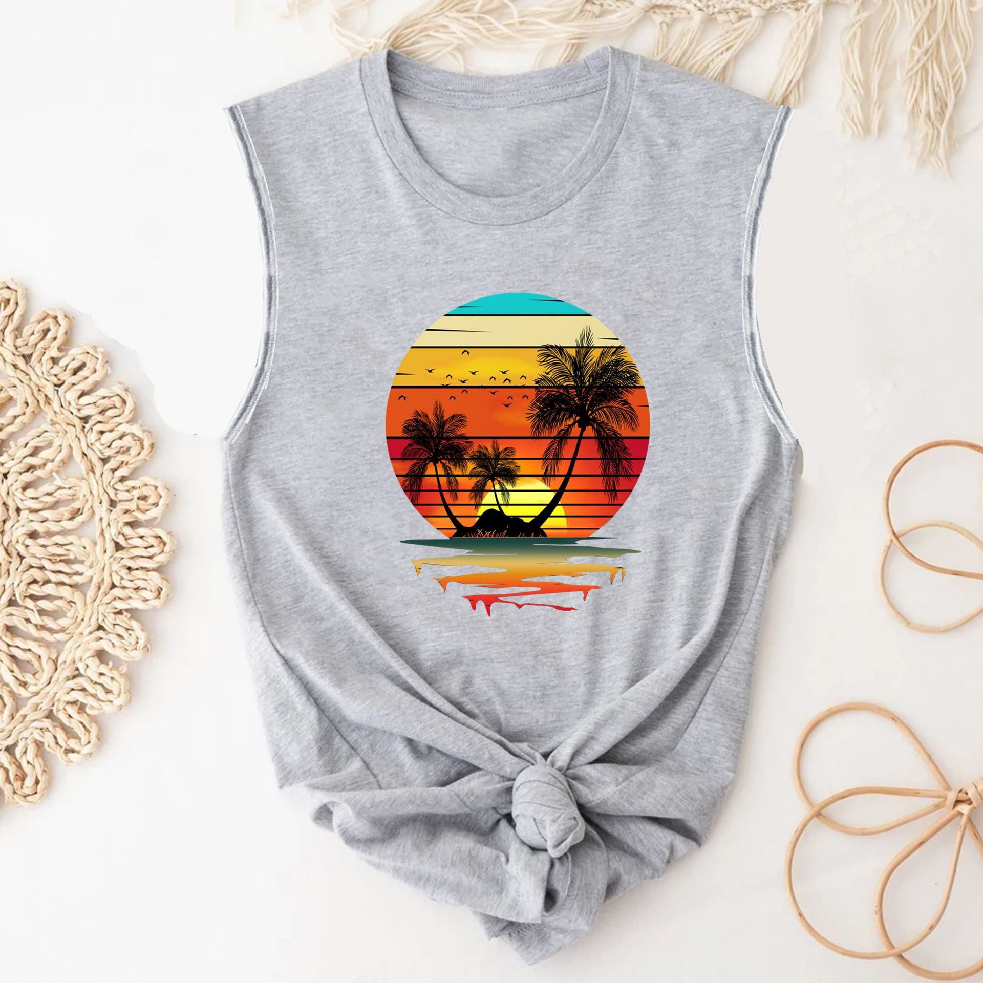 New Summer Beach Sunset Coconut Tree Crew Neck Sleeveless Vest