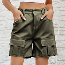 Washed elastic waist tooling casual denim shorts