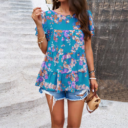 Spring and summer outer wear temperament casual chiffon printed short-sleeved top