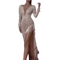 Sequin v-neck long-sleeved long dress sexy asymmetrical dress evening dress