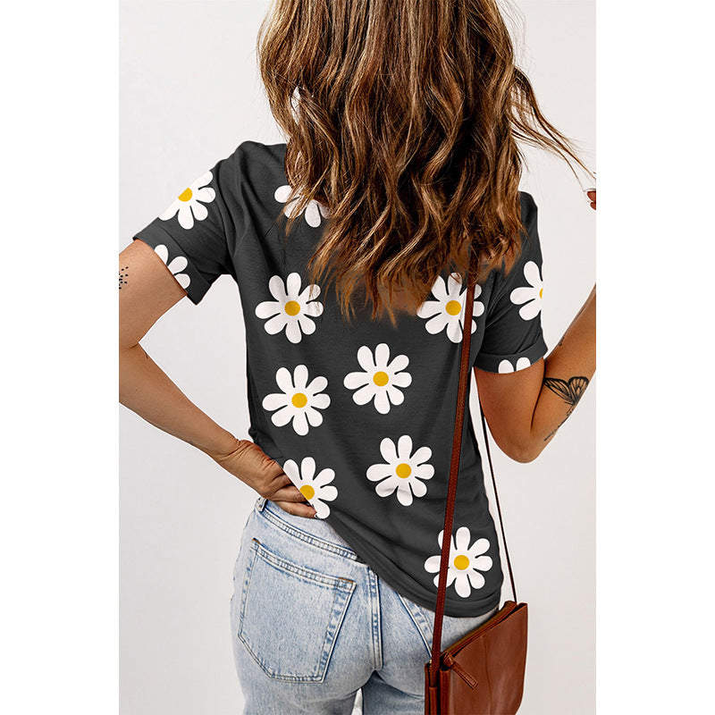 Fashion small wrinkle chrysanthemum print front shoulder short sleeve T-shirt women