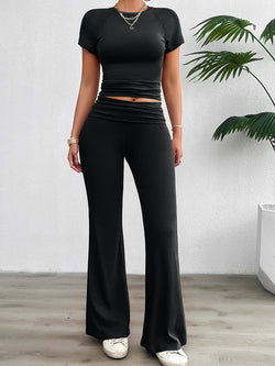 Spring and summer casual solid color slim-fit short-sleeved trousers two-piece set