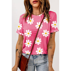 Fashion small wrinkle chrysanthemum print front shoulder short sleeve T-shirt women