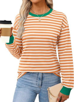 Fashion Women's Clothing Contrasting Stripes Loose Crew Neck Long Sleeve Women's T-Shirt