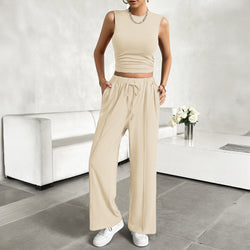 Spring and summer urban casual solid color top vest trousers set two-piece set