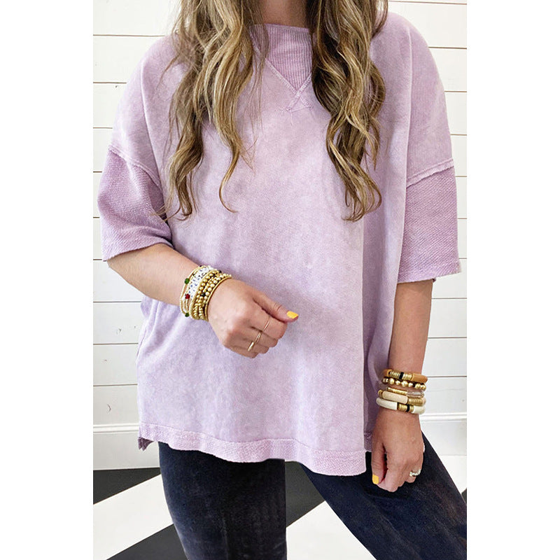 Simple and versatile short-sleeved T-shirt women's large size loose round neck five-quarter-sleeved top