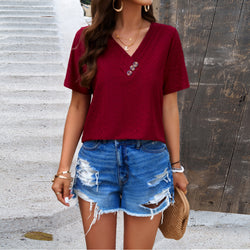 Temperament Casual hollow solid color short-sleeved top women