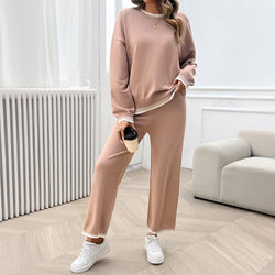 Temperament Casual contrasting color knitted sweater trousers set two-piece set