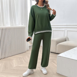 Temperament Casual contrasting color knitted sweater trousers set two-piece set