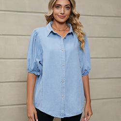 New elastic princess sleeve denim shirt casual top