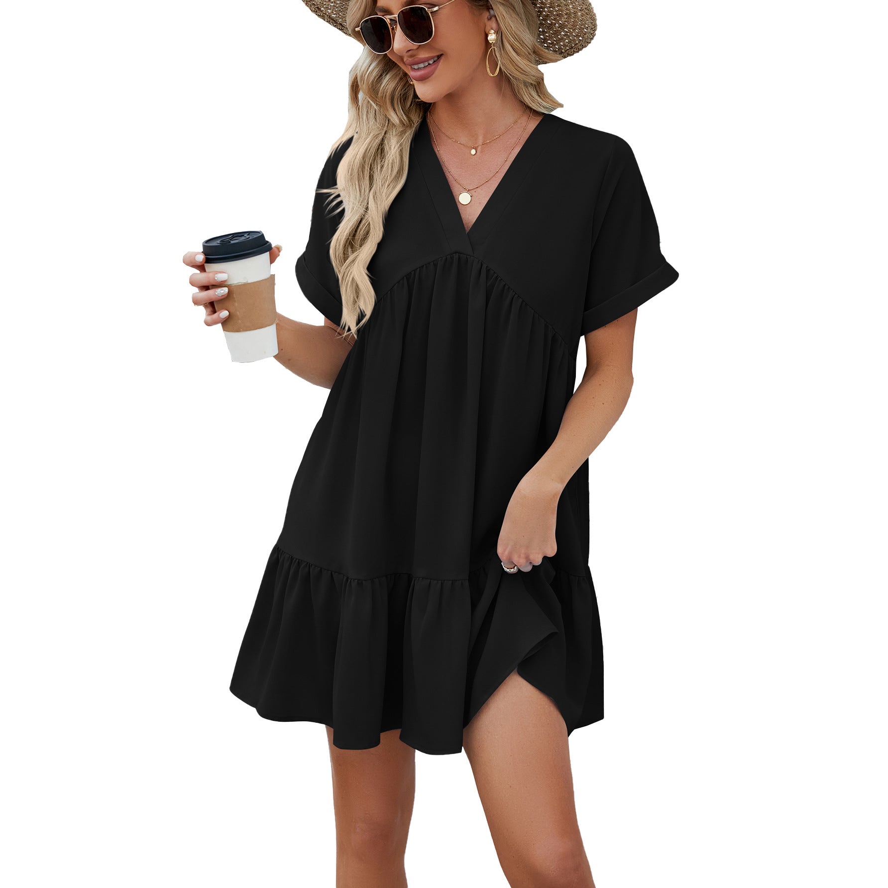 Spring and summer new solid color V-neck loose pleated dress women