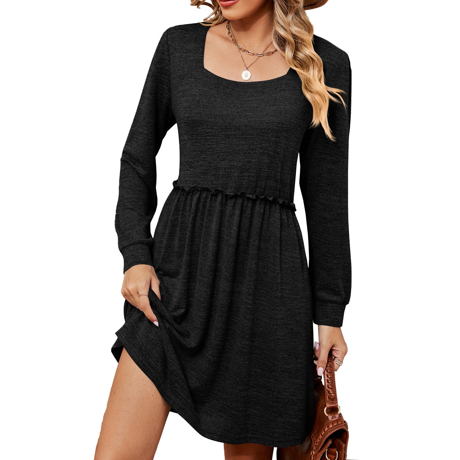 New solid color square neck long sleeve waist loose dress women