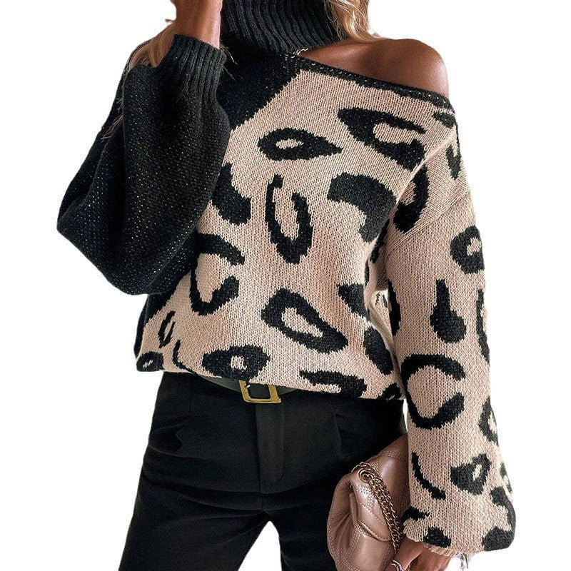 Sexy off-the-shoulder leopard print spliced turtleneck pullover sweater