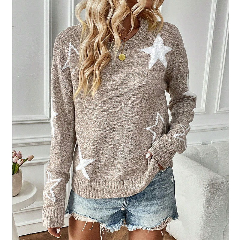 American sweater women's pentagram picture crew neck long sleeve pullover top