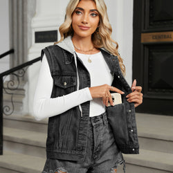 New washed hooded denim vest vest top