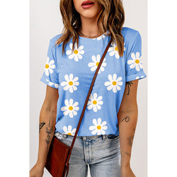 Fashion small wrinkle chrysanthemum print front shoulder short sleeve T-shirt women