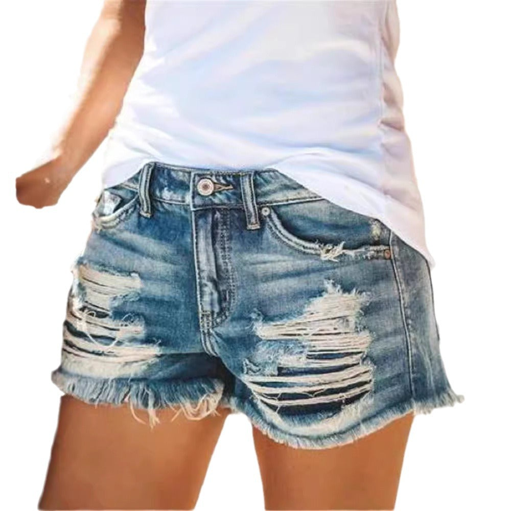 Summer new high-waisted fringed ripped denim shorts for women