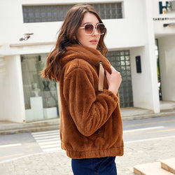 Hooded long-sleeved warm cotton clothes solid color short top