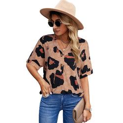 Fashion V-neck leopard print short-sleeved T-shirt for women's personality niche contrasting jumper for women