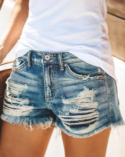 Summer new high-waisted fringed ripped denim shorts for women