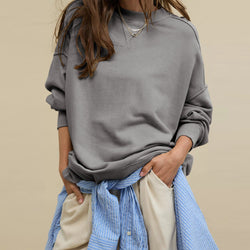 Trend style pullover long sleeve European and American style split sweater round neck solid color loose sweater