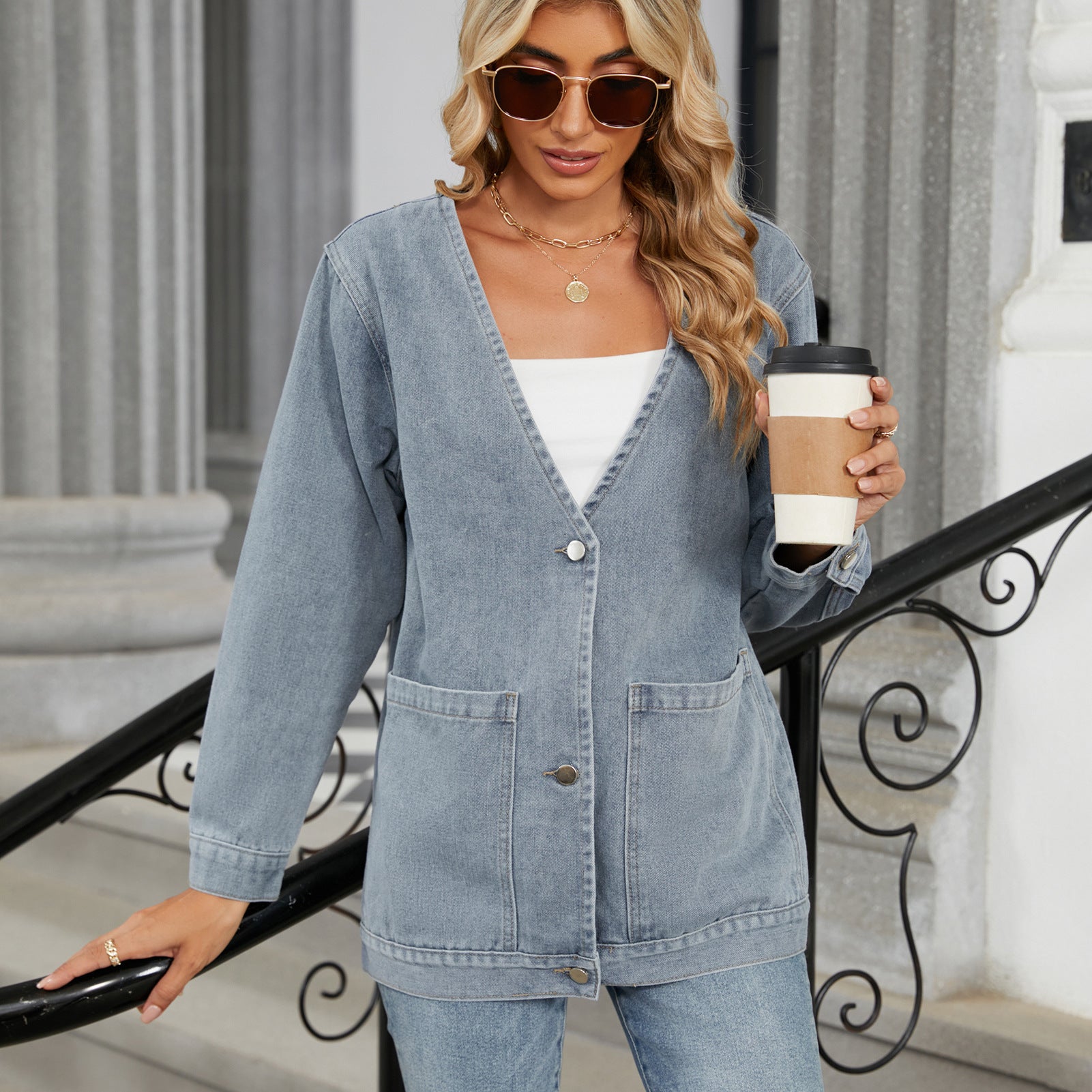 Washed long-sleeved V-neck denim jacket top