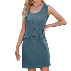 Spring and summer new solid color round neck button pocket sleeveless vest dress