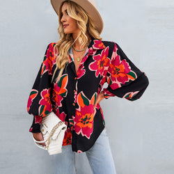 Contrast color printed shirt autumn and winter long-sleeved versatile top