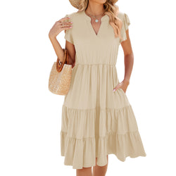 Spring and summer new solid color V-neck loose short-sleeved waist splicing dress