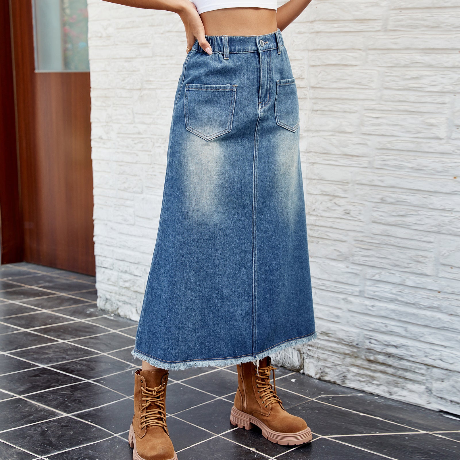 Washed rough edge denim skirt medium and long skirt