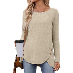 New solid color loose round neck long sleeve split button T-shirt women