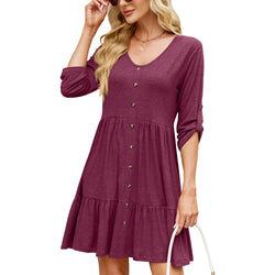 Spring and summer new solid color round neck button-down pleated middle-sleeved dress is in stock.