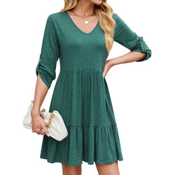 Spring and summer loose medium-sleeved V-neck pleated ruffle edge dress for women in stock