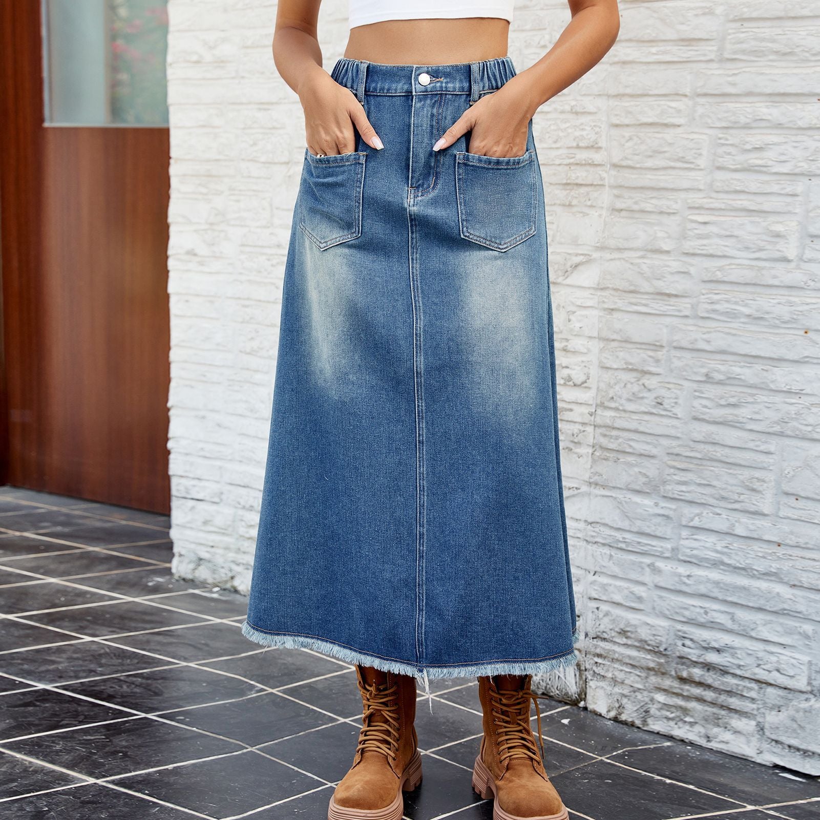 Washed rough edge denim skirt medium and long skirt