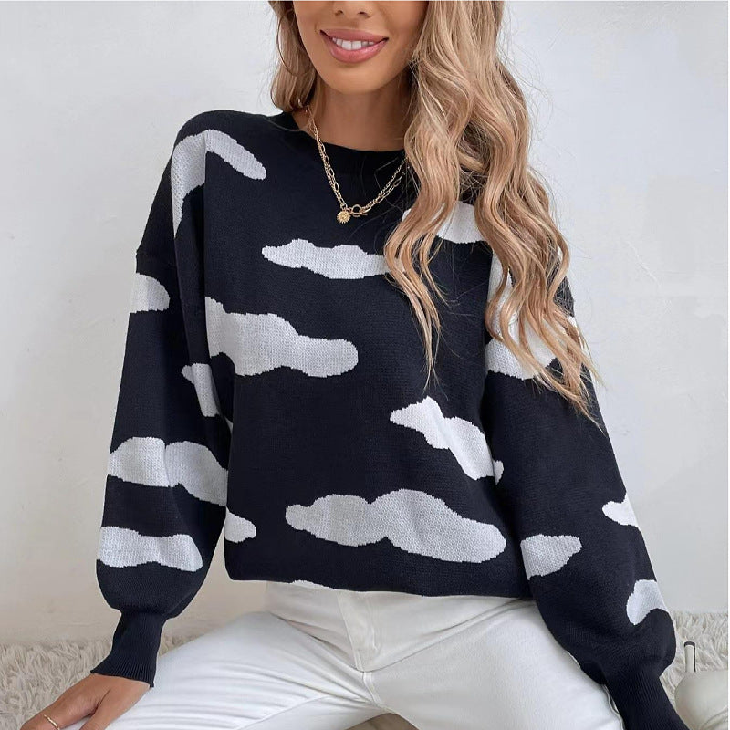 Women's Autumn and Winter Long Sleeve Crew Neck Black and White Contrasting Color Jacquard Loose Women's Sweater Knitted Sweater Women's