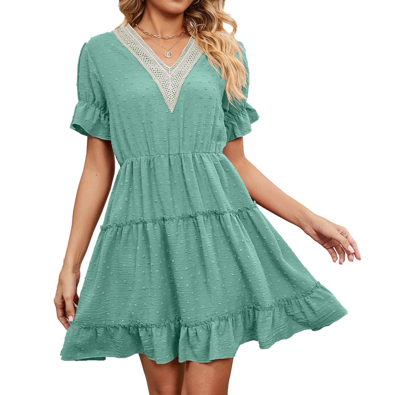 Summer jacquard hairball V-neck loose solid color elastic waist dress women