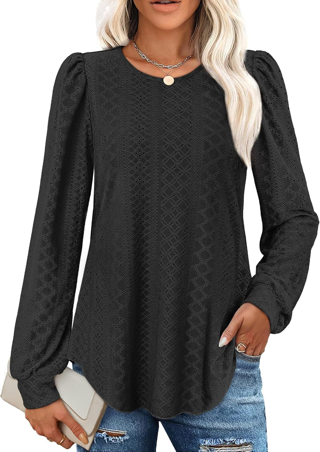 New Women's Crew Neck Loose Casual Lantern Sleeve Solid Color Long Sleeve T-Shirt