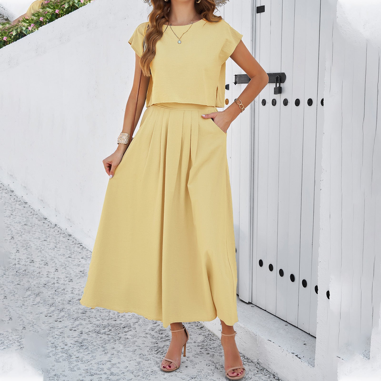 Spring and summer temperament casual solid color sleeveless vest top skirt two-piece set