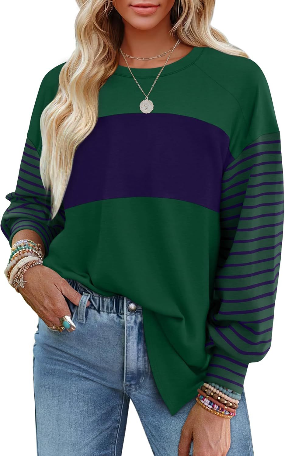 Pullover Crew Neck Casual Striped Contrast Long Sleeve T-Shirt Women