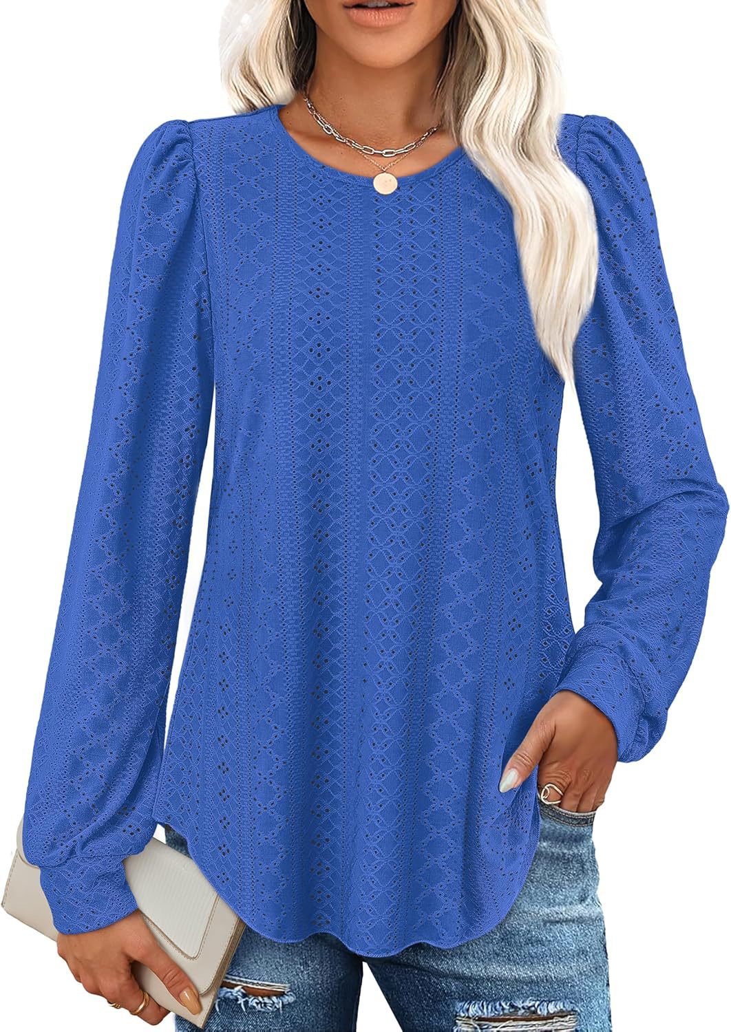 New Women's Crew Neck Loose Casual Lantern Sleeve Solid Color Long Sleeve T-Shirt