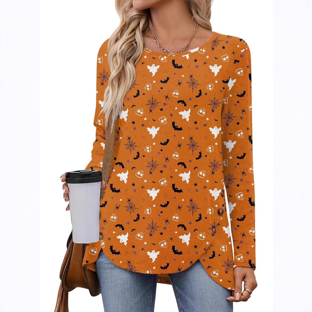 New Women's Printed Crew Neck Long Sleeve Irregularly Split Button T-Shirt