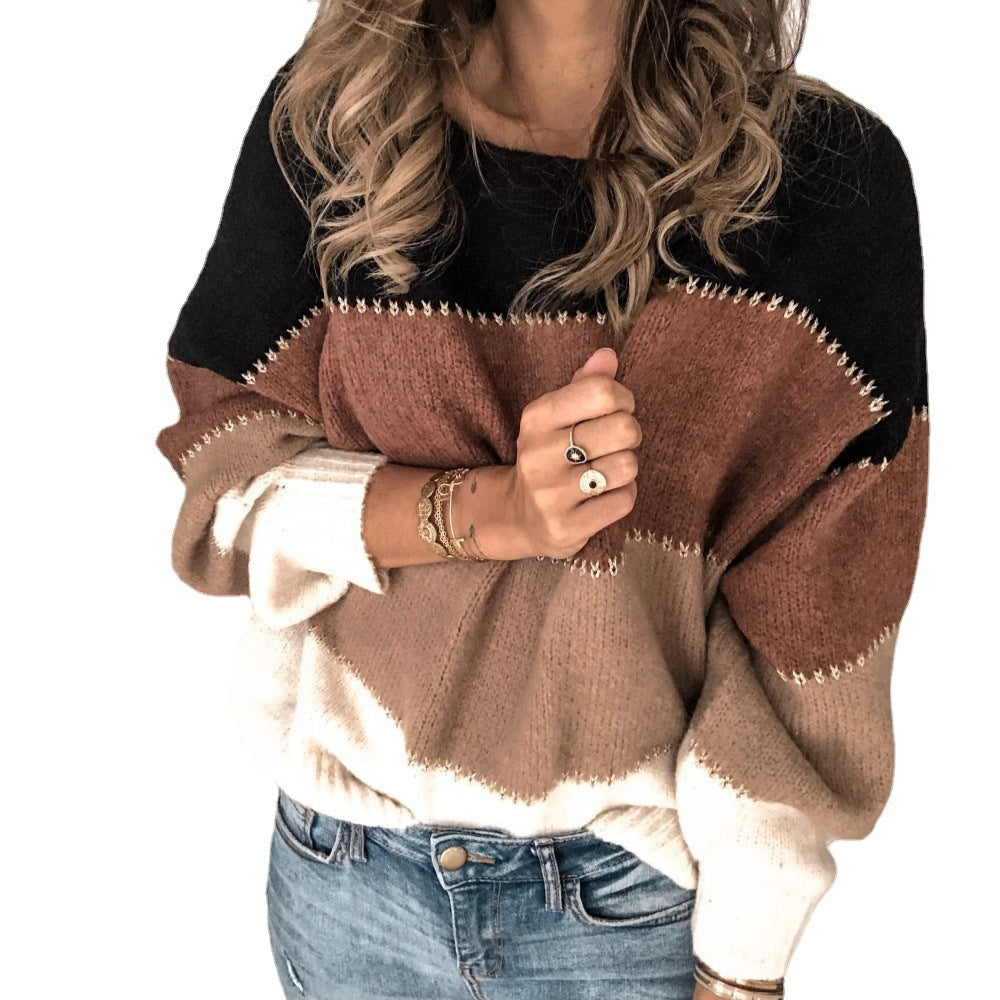 Pullover bottom knitted sweater top, casual contrasting color crew neck sweater women's autumn and winter