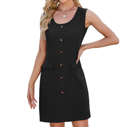 Spring and summer new solid color round neck button pocket sleeveless vest dress