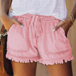 Elastic waist drawstring casual high waist thin denim shorts women