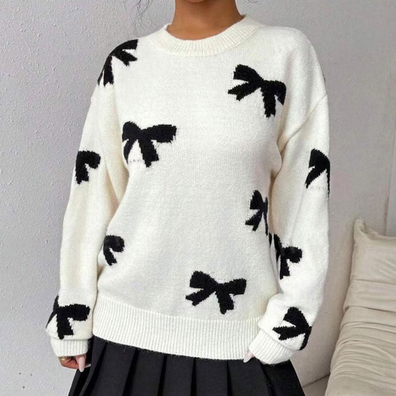 Crew neck bow jacquard pullover sweater