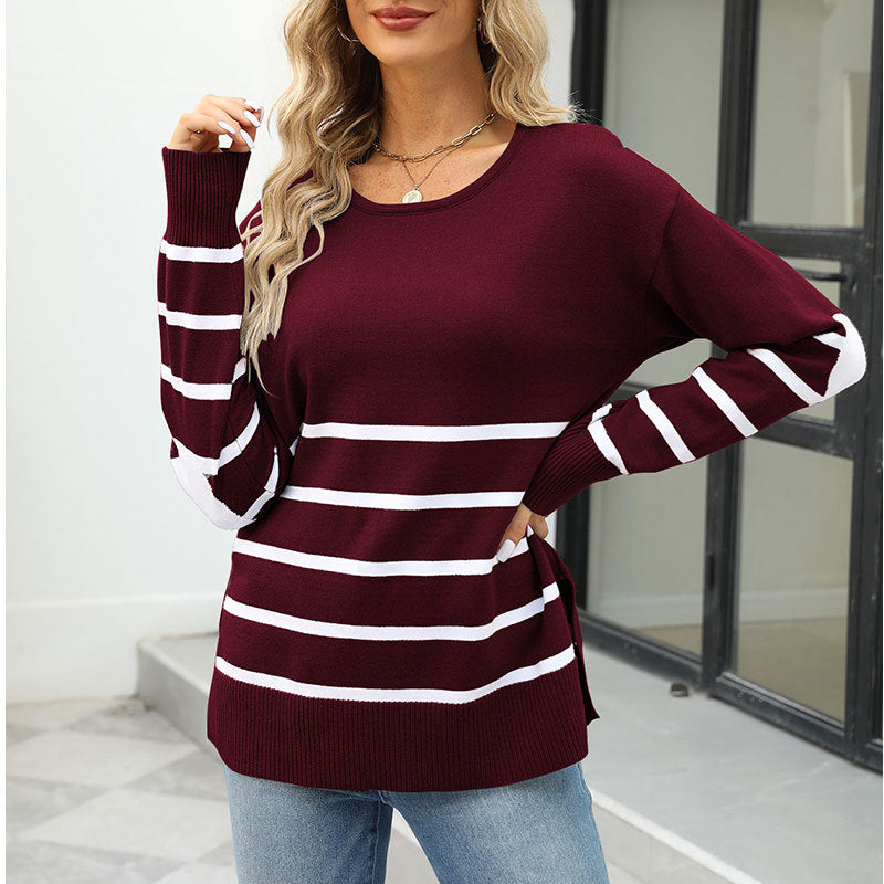 Striped sleeves plus love color matching long-sleeved pullover knitted sweater