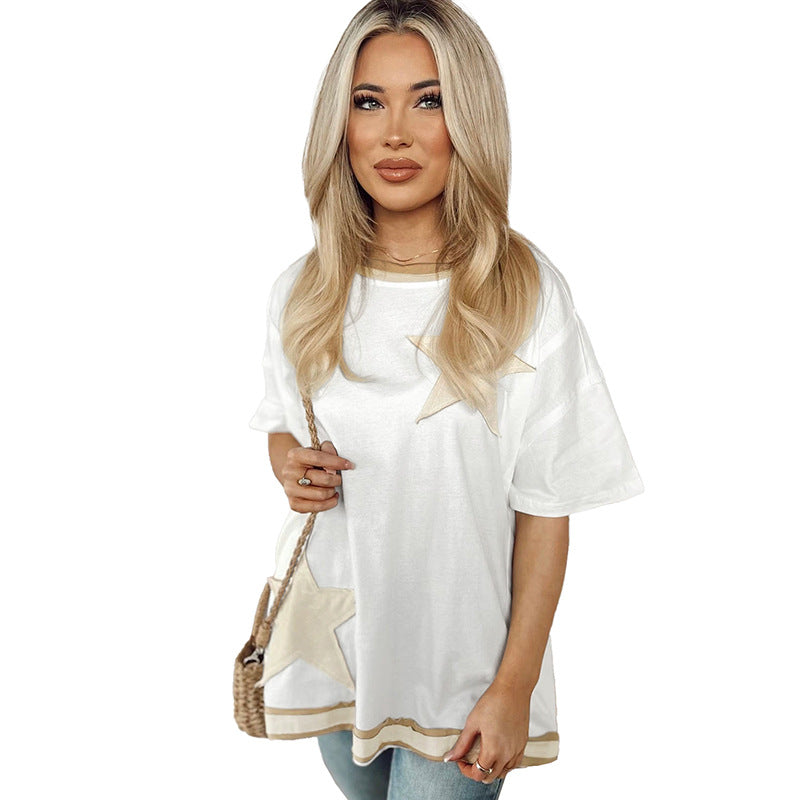 New round neck five-quarter sleeve casual versatile sticker T-shirt women