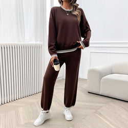 Temperament Casual contrasting color knitted sweater trousers set two-piece set